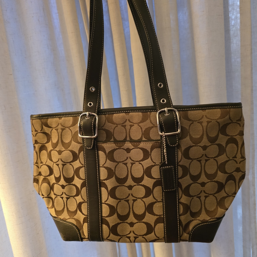 Coach Brown Signature Canvas Tote with Dark Brown Leather Trim